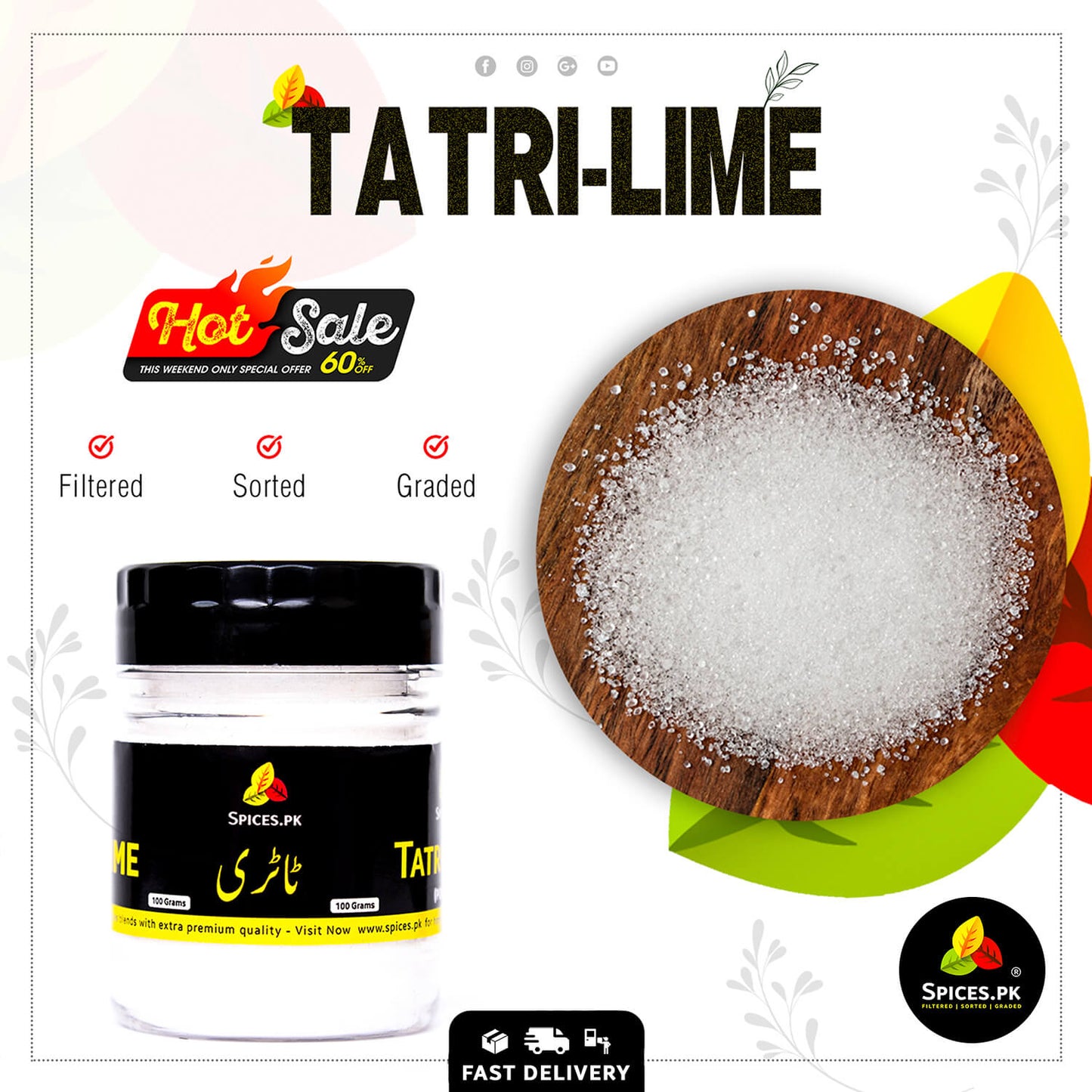 Tatri Lime citric acid powder 100 grams promotional banner by Spices.pk showing hot sale offer, filtered and graded lemon salt.