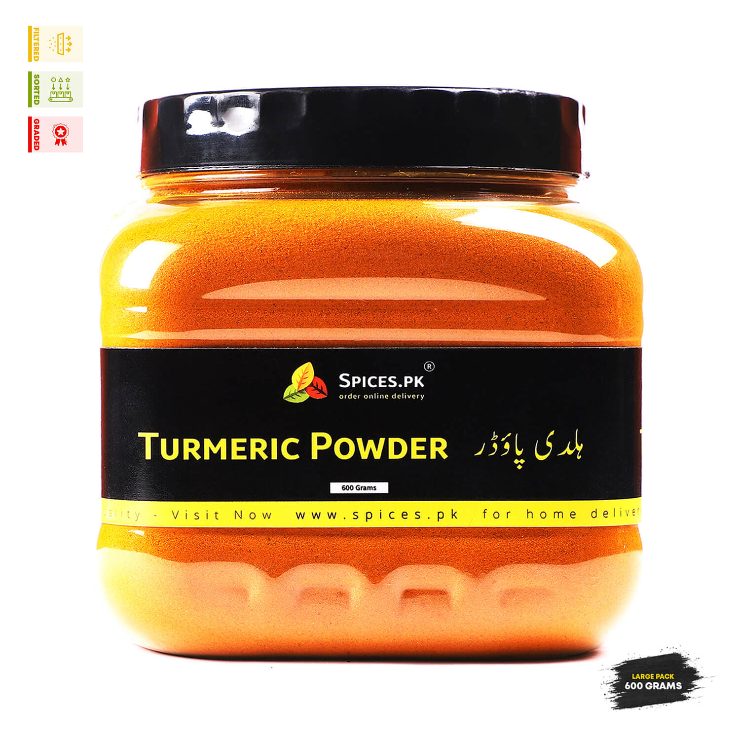 Premium Turmeric Powder (Haldi) 600g Large Pack jar – Pure, filtered, and graded spice from Spices.pk.