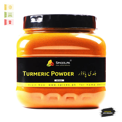 Premium Turmeric Powder (Haldi) 600g Large Pack jar – Pure, filtered, and graded spice from Spices.pk.