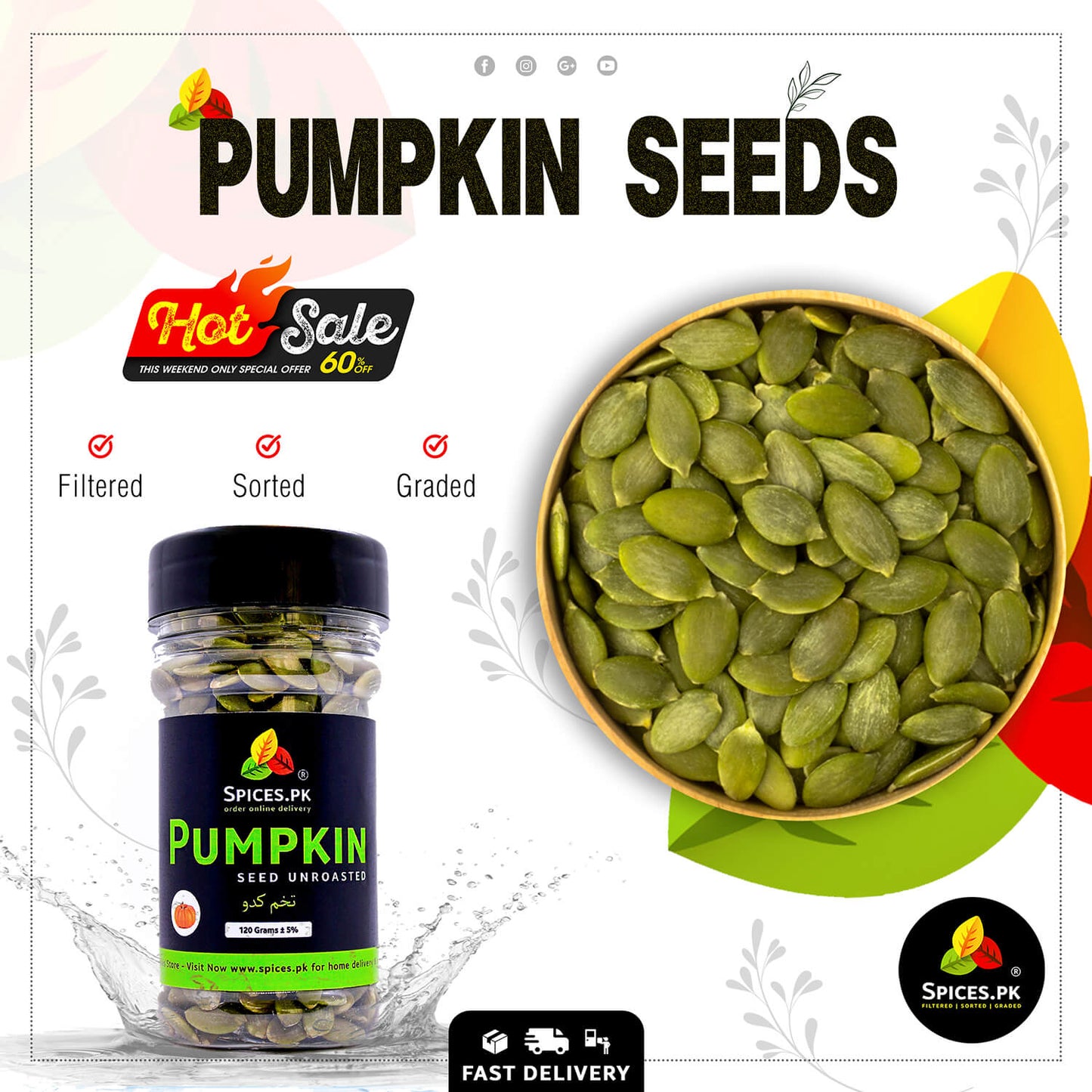 Spices.pk unroasted pumpkin seeds 120g jar on weekend sale with a wooden bowl of raw green pepitas (kadu ke beej).
