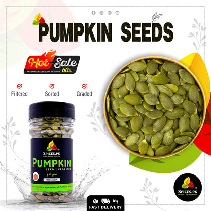 Spices.pk unroasted pumpkin seeds 120g jar on weekend sale with a wooden bowl of raw green pepitas (kadu ke beej).
