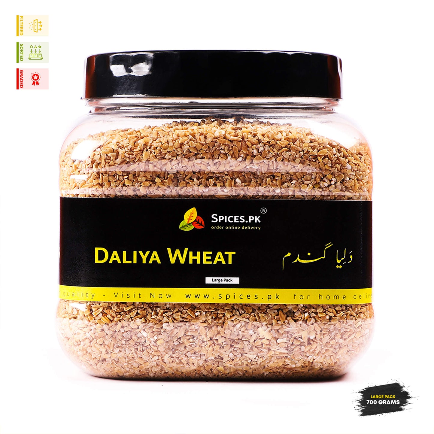 Premium Wheat Porridge (Daliya) 700g jar by Spices.pk. Healthy, sorted, and graded Gandum ka Daliya for a nutritious breakfast.Jar of Daliya Wheat with Spices.PK label on a white background