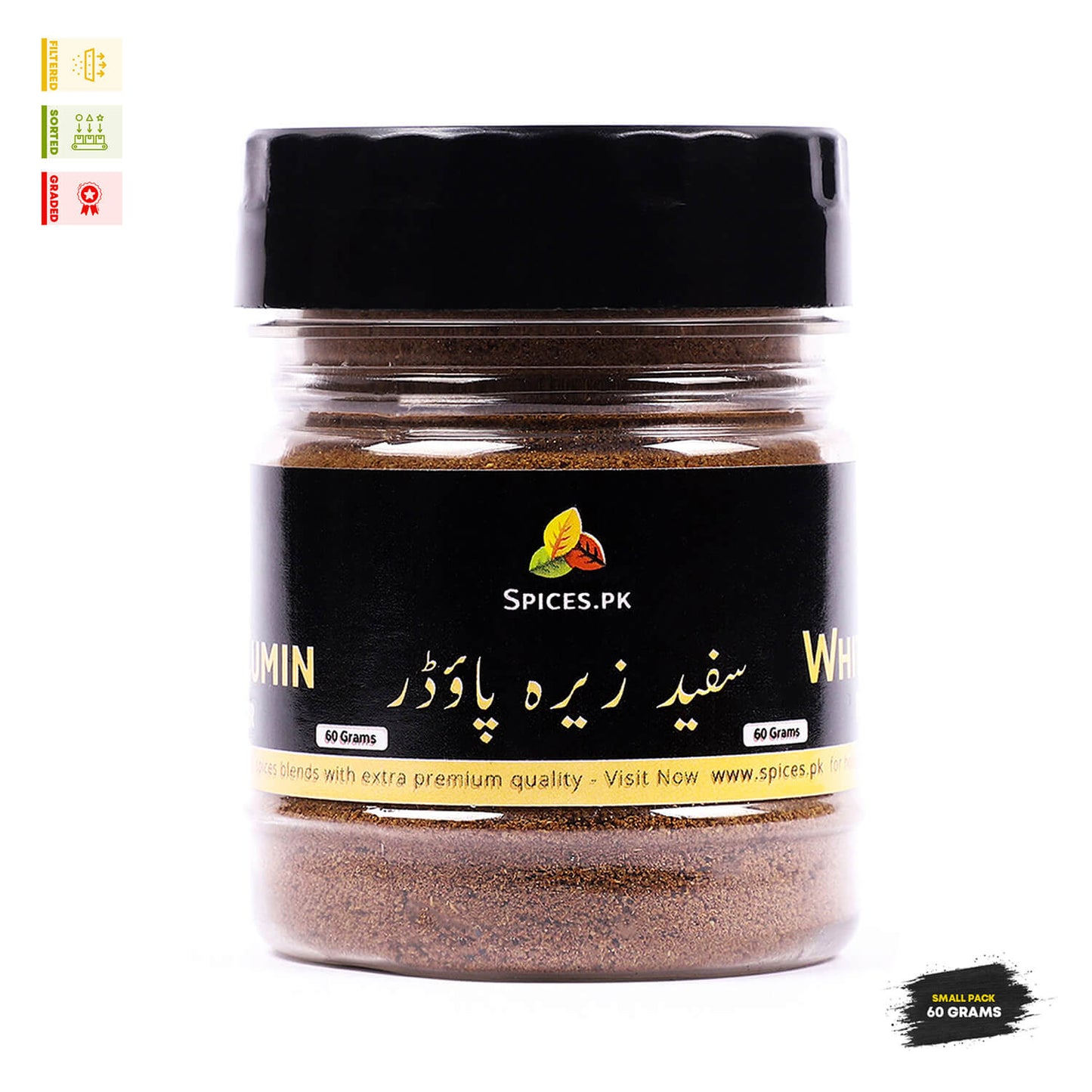 Front view of Spices.pk Sufaid Zeera Powder 60g small pack with Urdu and English labeling, highlighted as a premium quality filtered and graded spice.