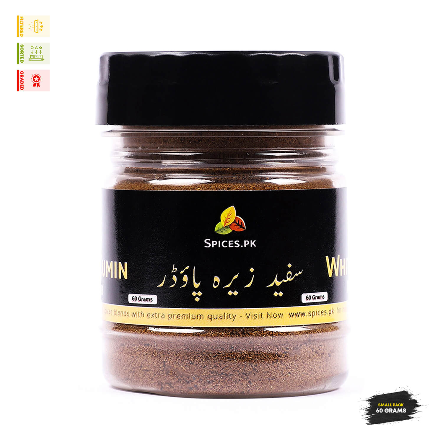 Front view of Spices.pk Sufaid Zeera Powder 60g small pack with Urdu and English labeling, highlighted as a premium quality filtered and graded spice.
