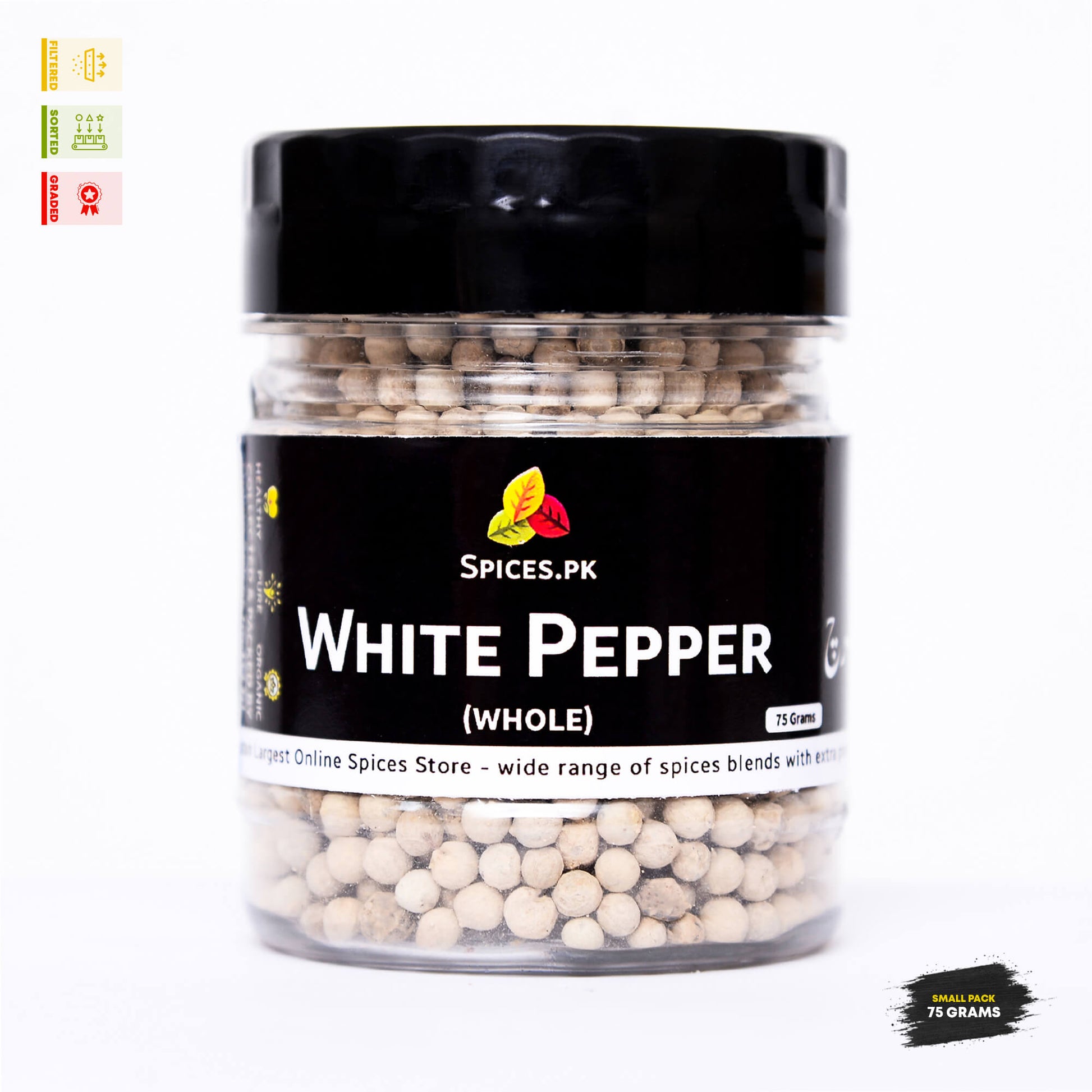 Spices.pk White Pepper Whole 75 grams premium jar, featuring filtered, sorted, and graded safaid mirch for online shoppers.