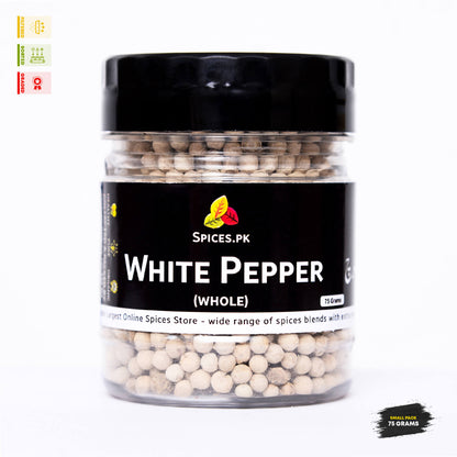 Spices.pk White Pepper Whole 75 grams premium jar, featuring filtered, sorted, and graded safaid mirch for online shoppers.