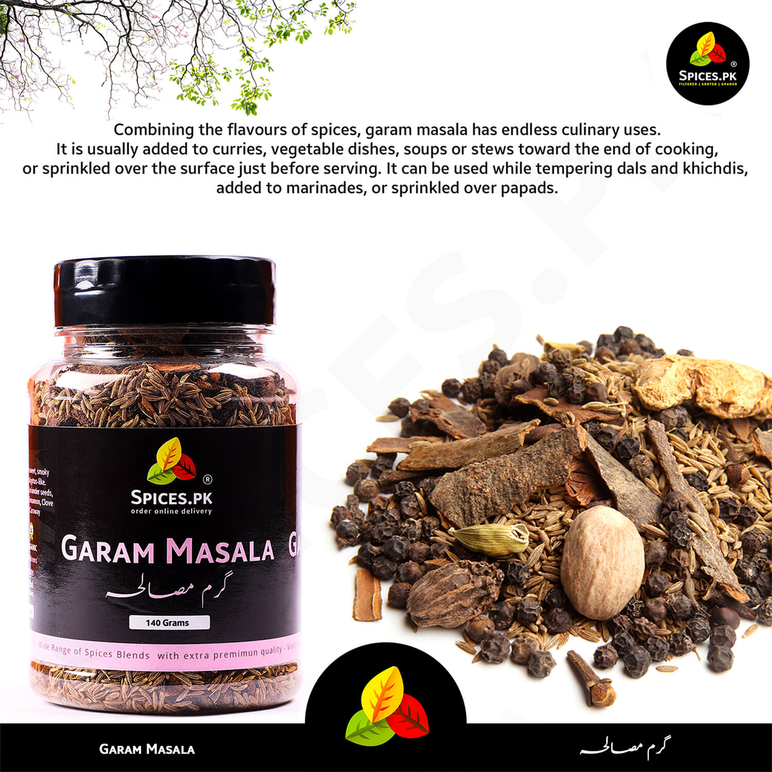 nformative infographic on how to use Spices.pk whole garam masala in your daily cooking. Displays a diverse range of pure ingredients like black cardamom, nutmeg, star anise, and cloves, emphasizing natural, potent spices. Sabut Masala details.